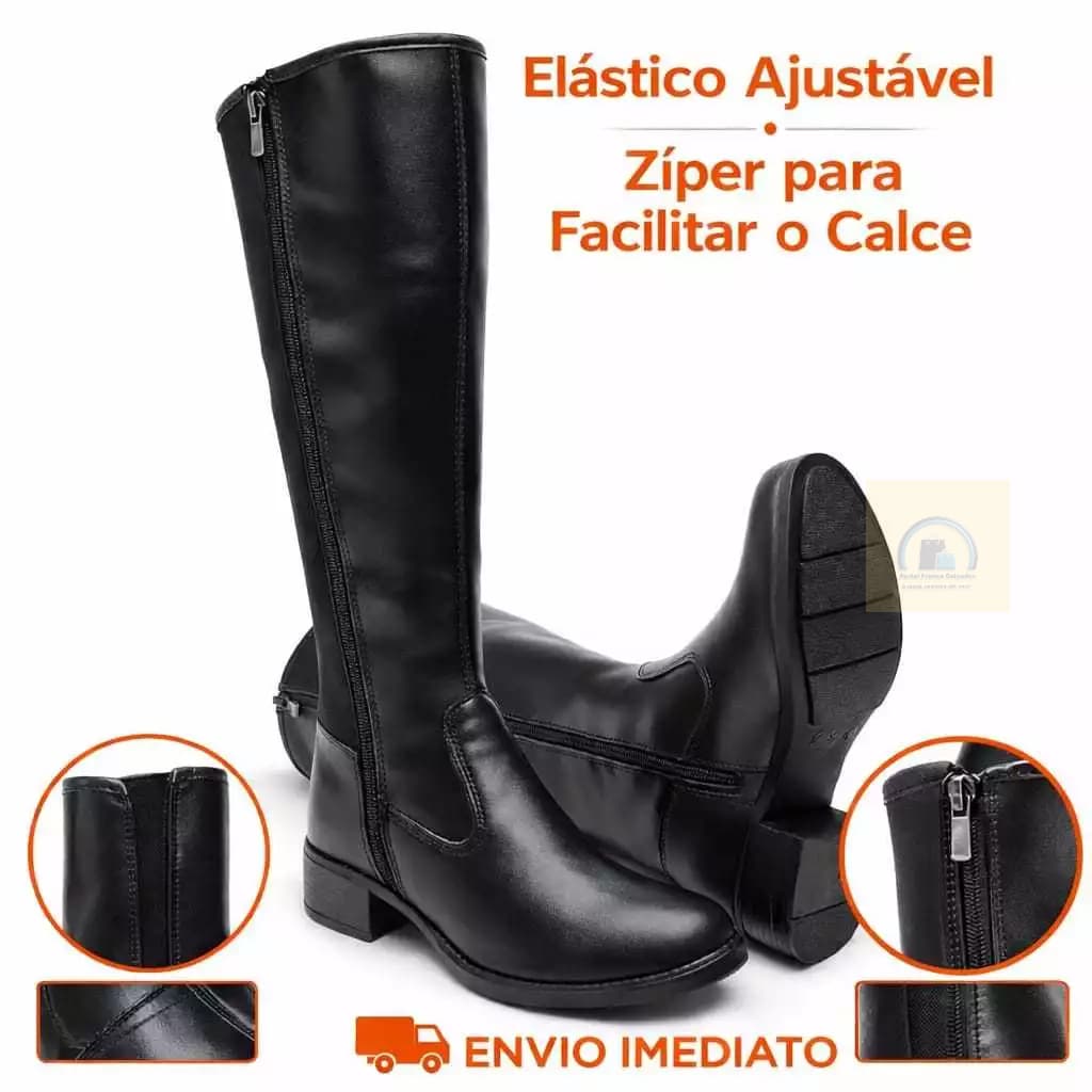 Bota Feminina Montaria Cano Alto Elástico Confortável Elegante  Couro ecológico Alta Resistência