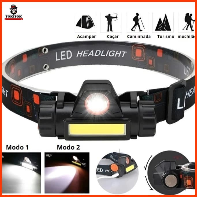 Lanterna de Cabeça Recarregável c/LED XPE + COB, Ímã Lateral e Alça Elástica/Potência e Praticidade