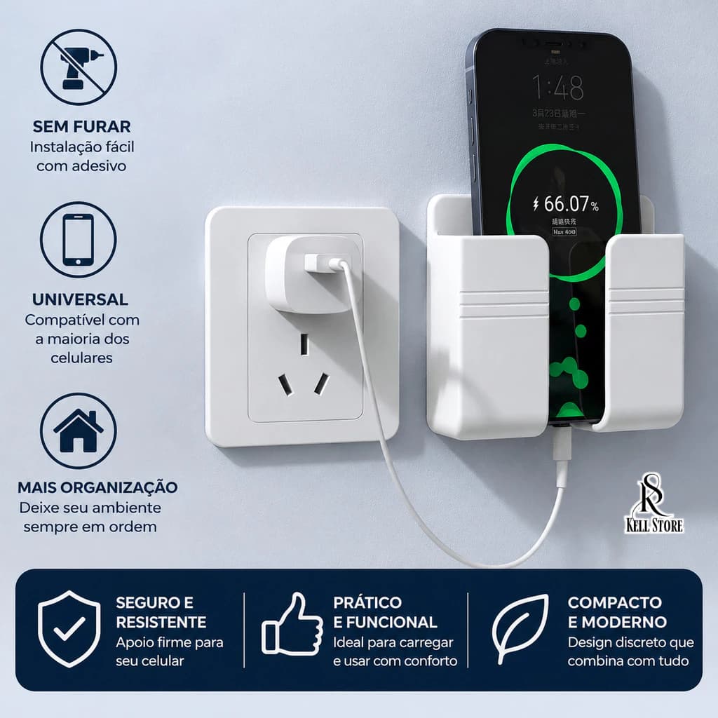 Suporte Celular De Parede Adesivo Para Quarto Cabeceira Tomada Porta Celular Sem Furar Organizador