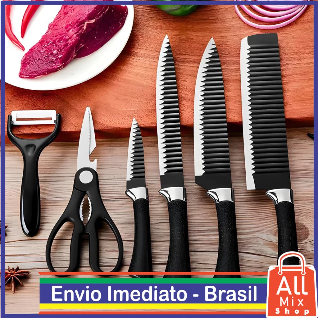 Kit Facas 6 Peças de Churrasco e Cozinha Antiaderente (PRETO