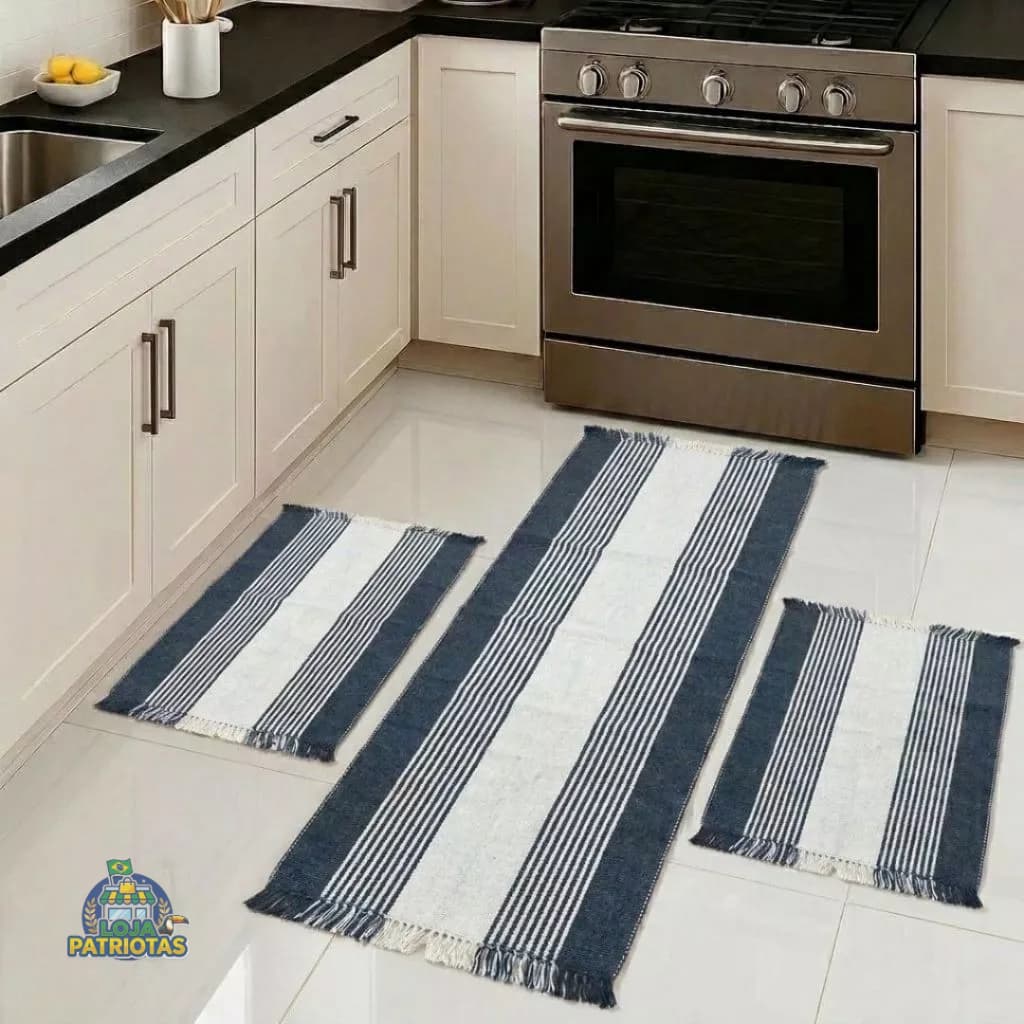 Jogo Tapete De Cozinha Kit Passadeira 100% Algodão Listrado Varias Cores