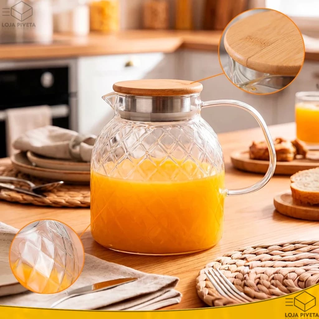 Jarra 1L de Vidro Borossilicato Com Tampa de Bambu Vedação Inox Hermética Garrafa Água Suco Luxo