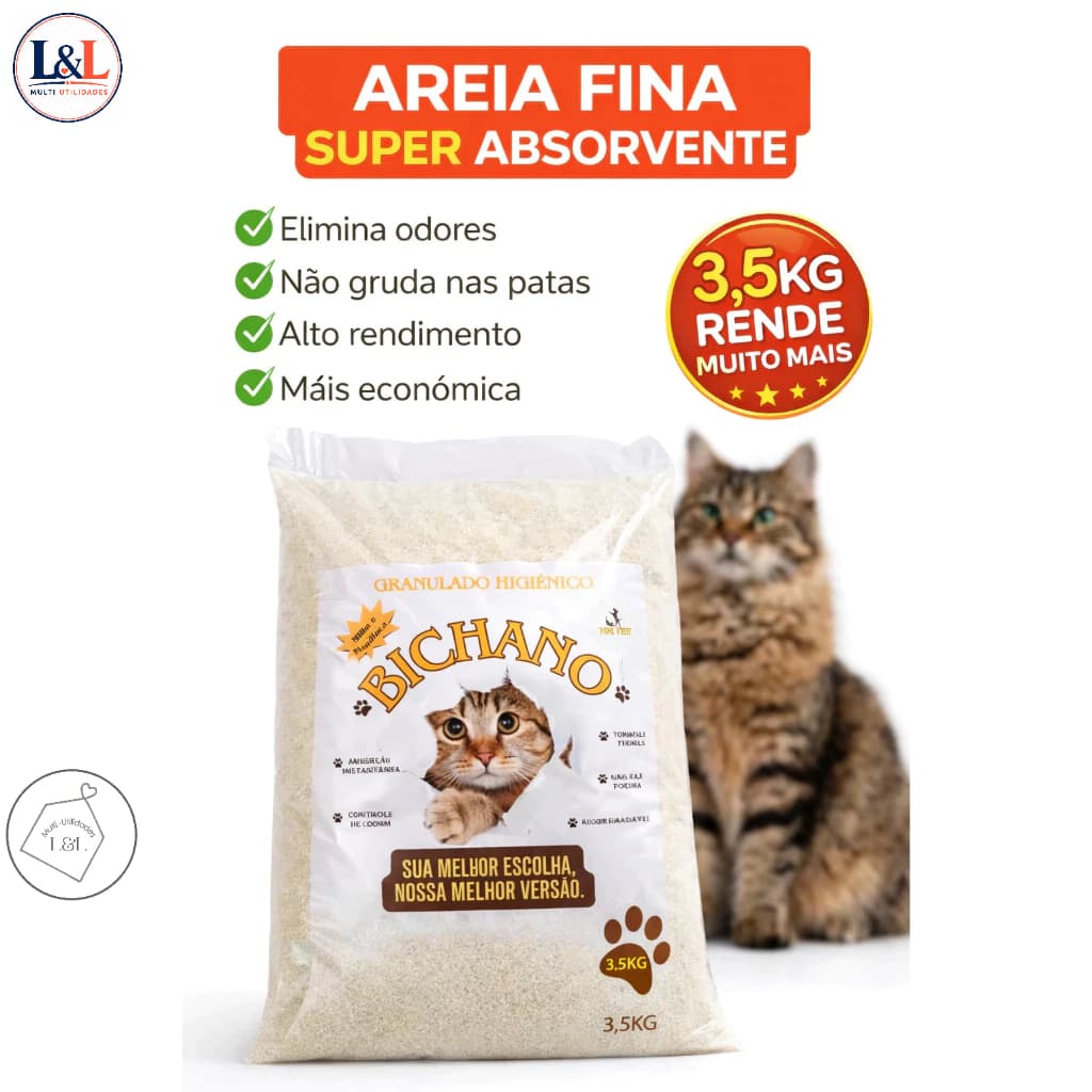 Areia Higiênica para Gatos 3,5kg Fina Alta Absorção sem cheiro Forte -Bichano