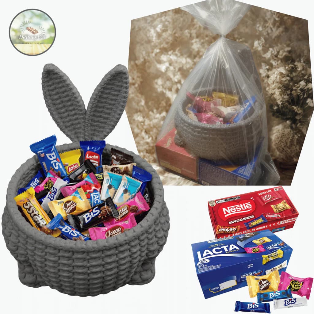 Cesta de Pascoa Presente Coelho Design Crochê + Chocolates Opções Kit 2 Caixas Bombons Lacta Nestlé