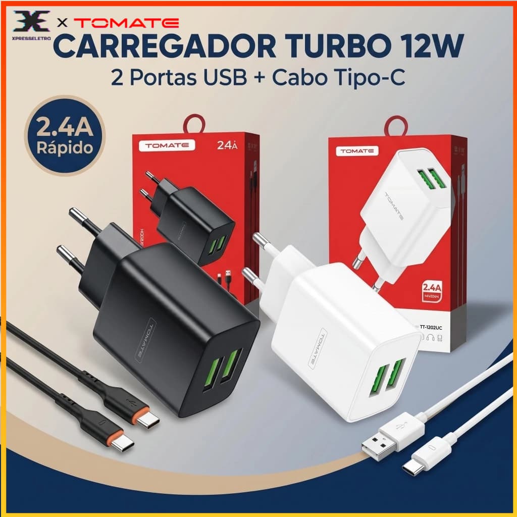 Carregador Turbo 2 Portas USB 12W 2.4A Bivolt com Cabo Tipo C Carregamento Rápido Compatível Android