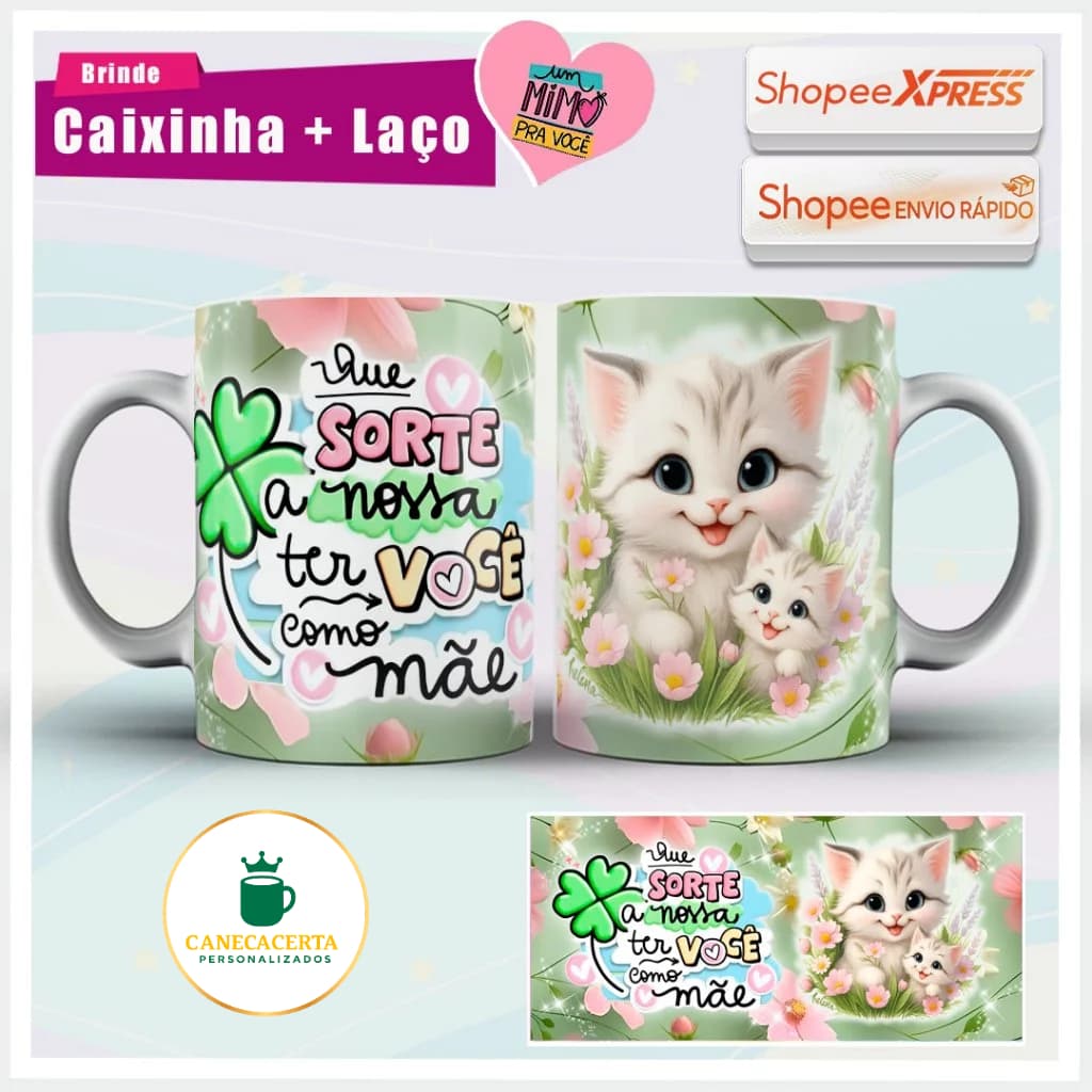 Caneca Gatinhos Sorte Ter Você Como Mãe Trevo Caixa E Laço Presente Cerâmica 325ml