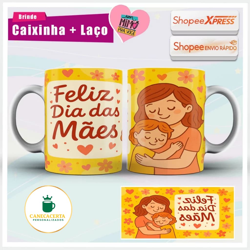 Caneca Feliz Dia Das Mães Presente Mãe Caixa E Laço Brinde Xicara Porcelana Ceramica 325ml