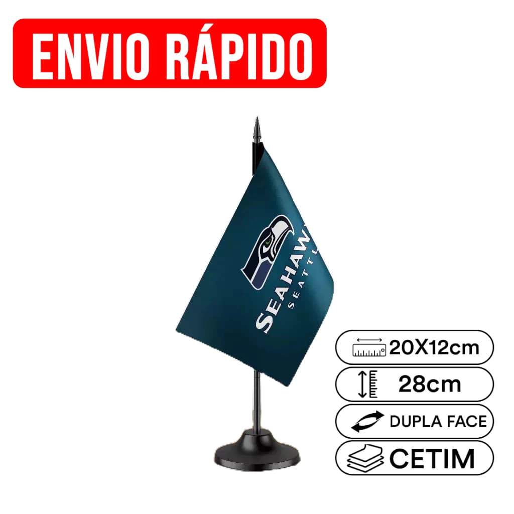Mini Bandeirinha de Mesa Seattle Seahawks NFL 20x12cm | Personalizada | Haste 28cm | Estampa em Sublimação