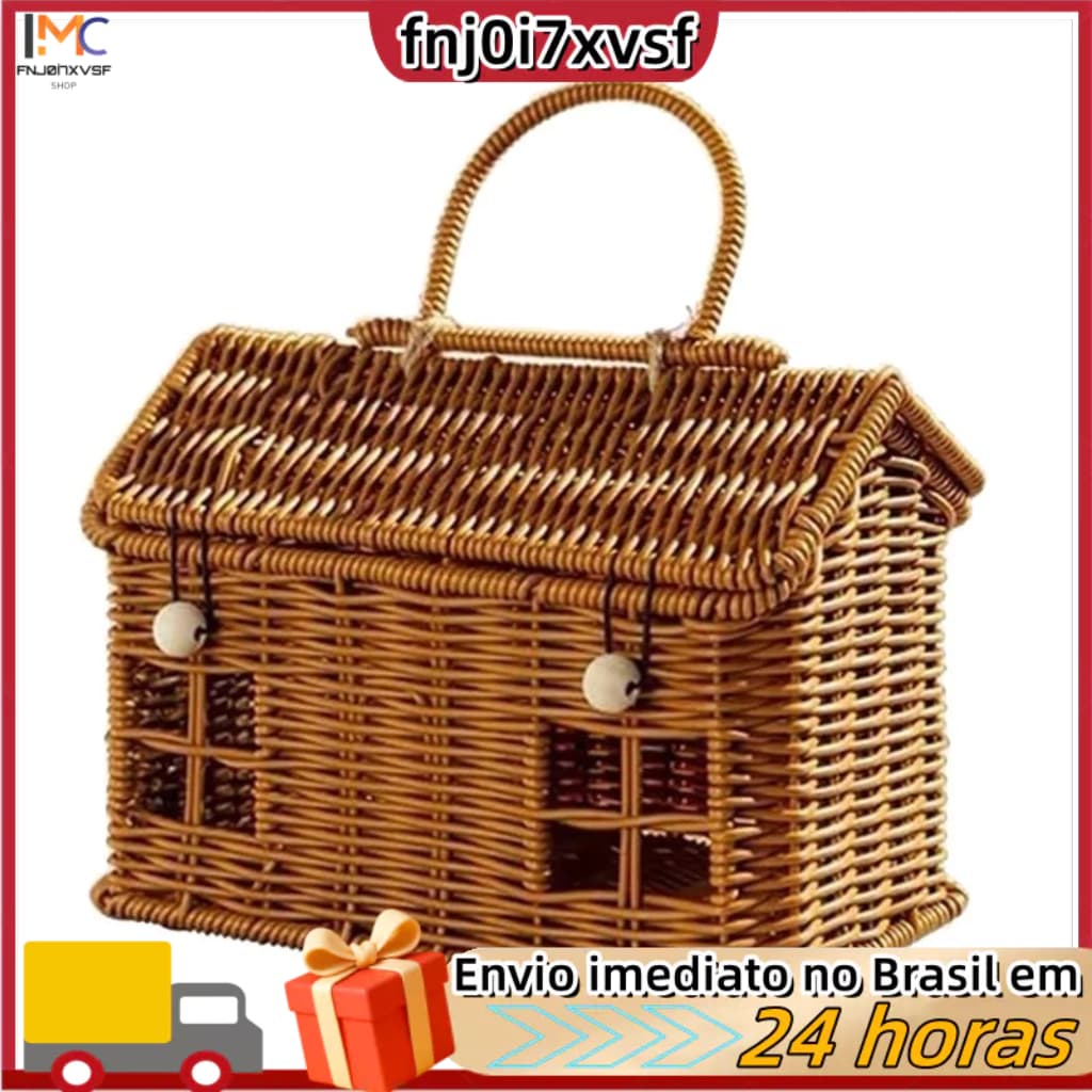 Cesto decorativo em formato de casa, imitando rattan, com tampa, para prateleiras. Possui alça dobrável e é feito à mão.