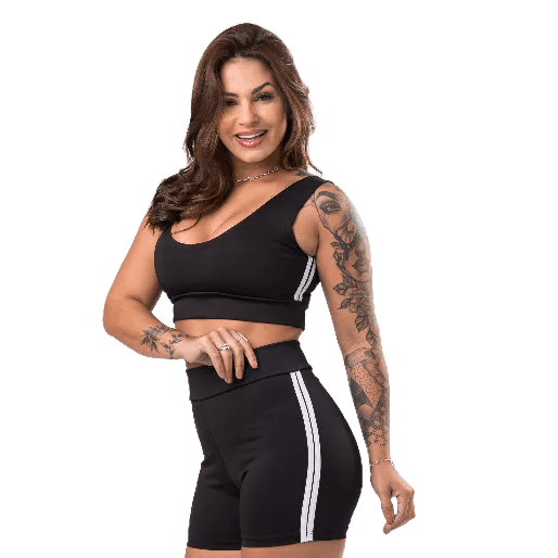 Conjunto Short e Top Com Listras Academia Cintura Alta Suplex