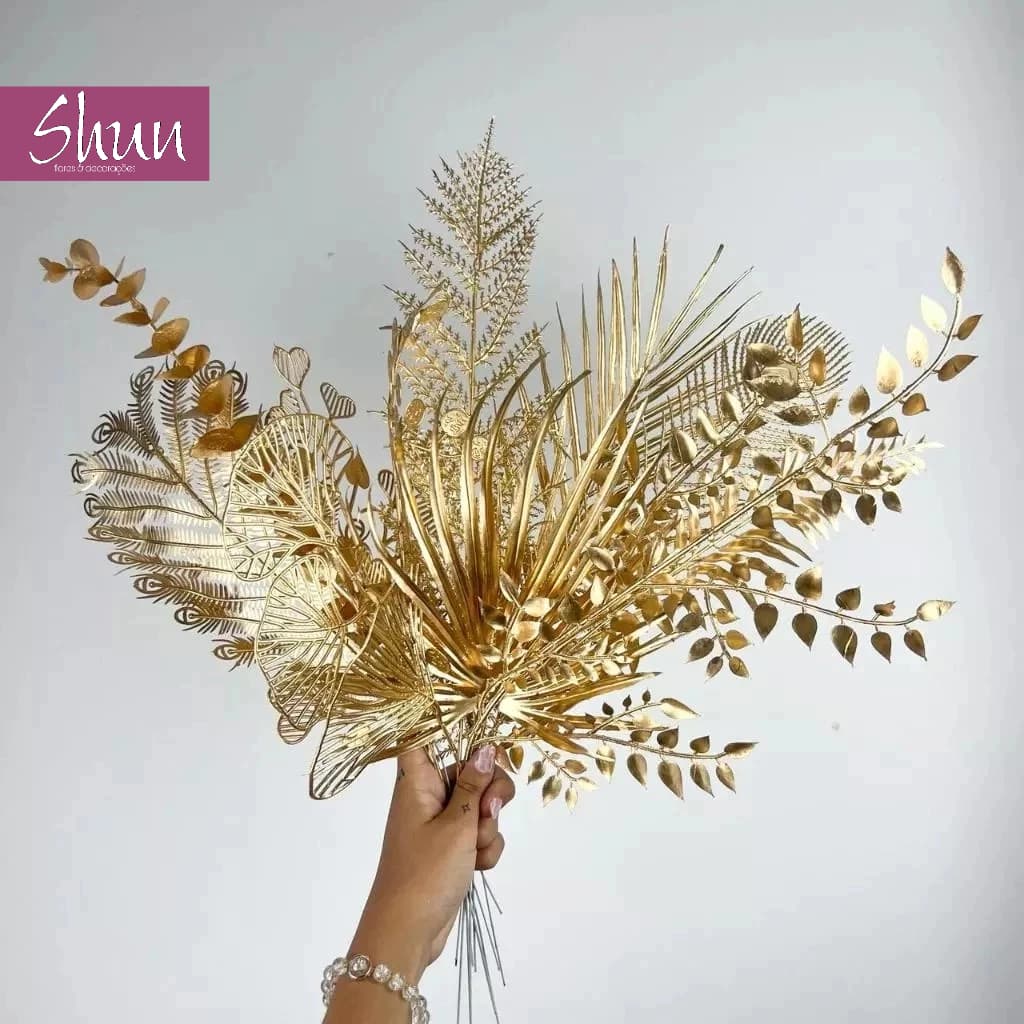 Flores Artificiais Douradas Folhas Diversas Para Decoração De Natal, Casa e Eventos - JZ803068