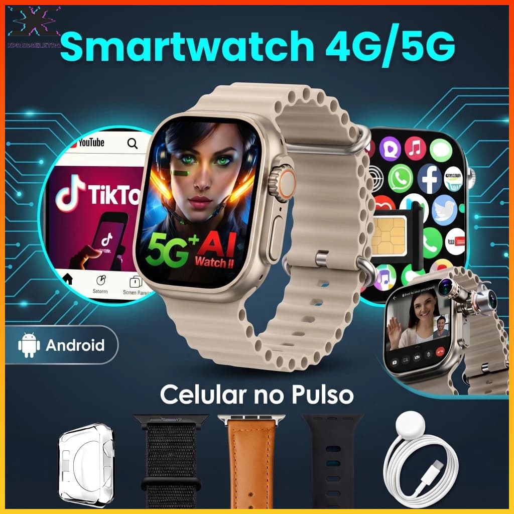 Smartwatch W11Ai Android 4G/5G Tela AMOLED GPS WiFi 2GB+16GB com Chip e Câmera,Celular no Pulso
