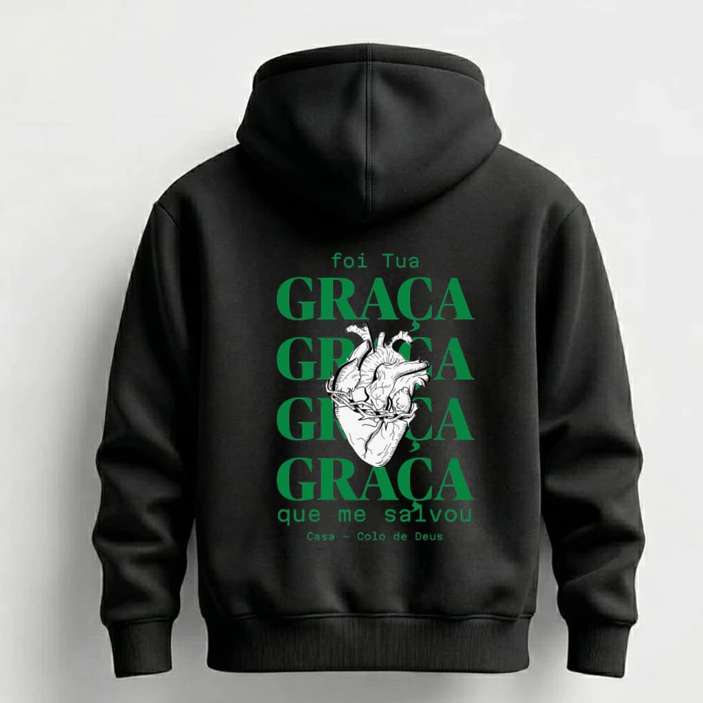 Moletom Cristão com Capuz Estampa Tua Graça Me Salvou Lançamento Algodão Grosso Macio Casual Estampa Cristã