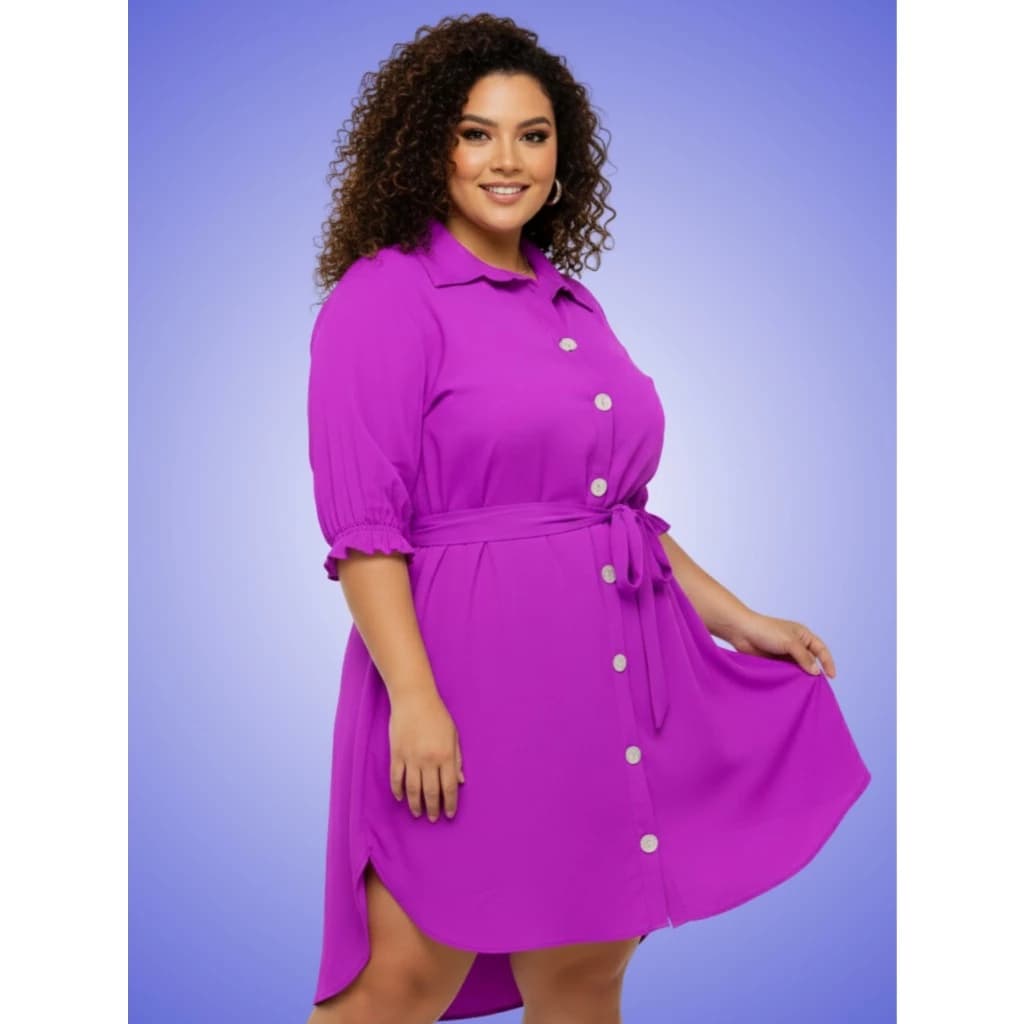 Vestido Feminino Chemise Plus Size Camisão Social Boho Botões e Gola Camisaria Chamisier com Cinto