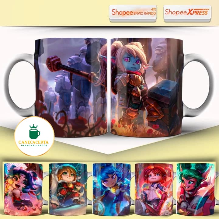 Caneca League Of Legends Poppy Vários Modelos Todas Skins Caneca Gamer LOL 325ML