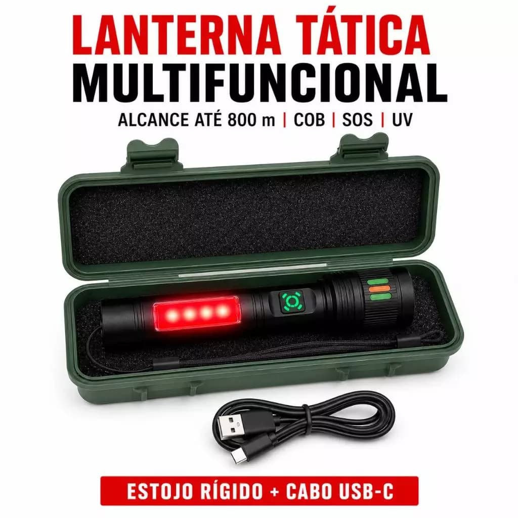 Lanterna Tática Premium Inova 9em1 Recarregável USB-C Luz COB UV SOS Alcance 800m Com Estojo Rígido