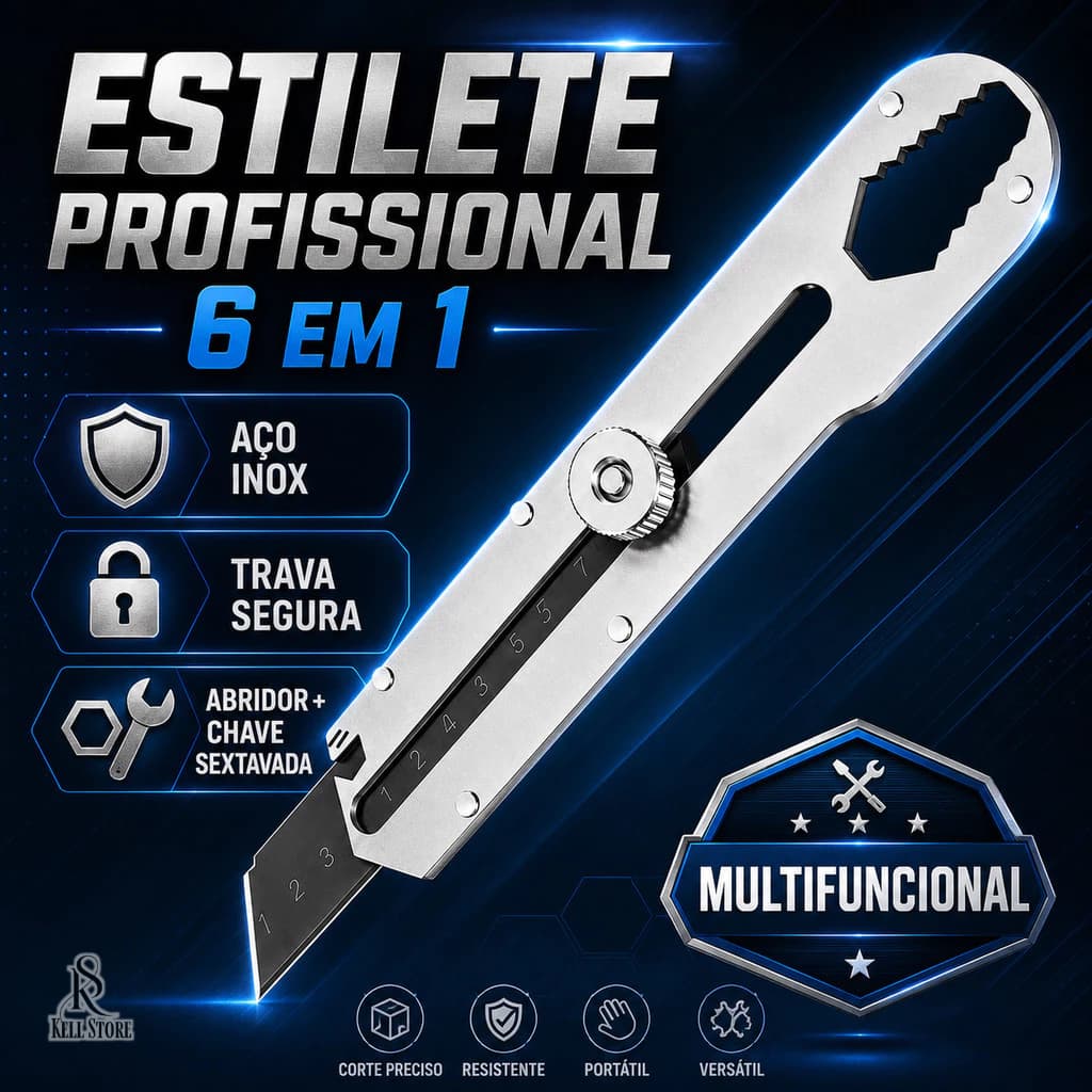 Estilete Profissional 6 Em 1 Multifuncional Aço Inox Chaveiro De Bolso Canivete Chave Sextavada Com Régua