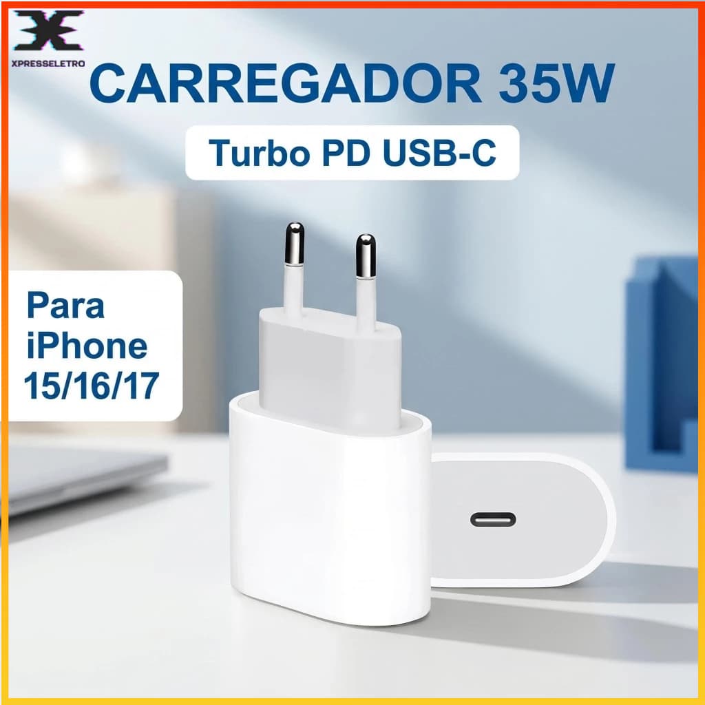 Fonte Carregador Turbo 35W USB-C PD Carga Rápida Compatível iPhone 15 16 17 PRO MAX