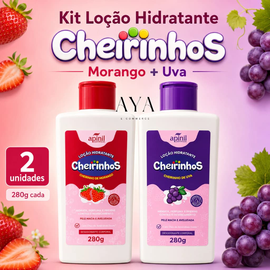 Kit 2un Loção Hidratante Corporal Cheirinhos Morango 280g + Uva 280g Hidratação Profunda - Apinil