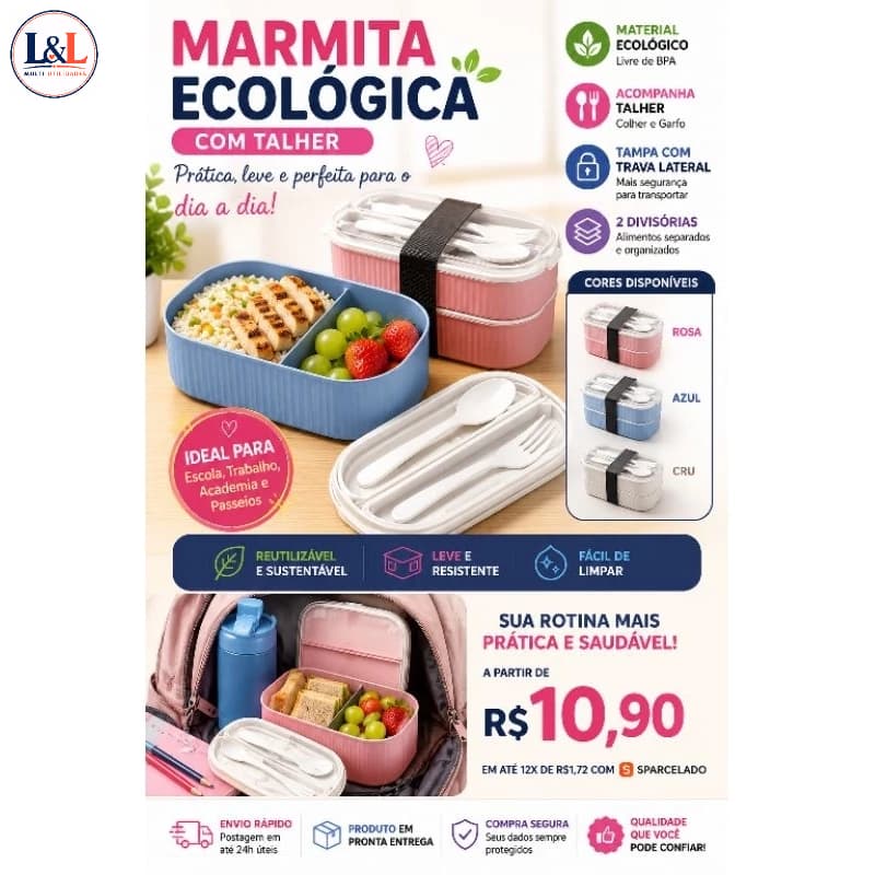 Marmita Bento Box com Talher | Pote para Lanche Escolar | Reutilizável | Livre de BPA