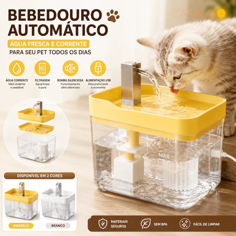 Fonte De Água Automática 1,5L Bebedoura Para Pets Gato Cachorro Baixo Ruído Amarelo Branco
