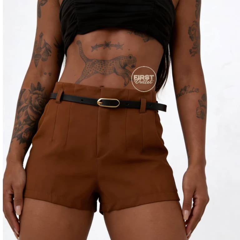 Short Sofisticado Alfaiataria Feminino Cores Inverno/Verão Casual Zíper Lateral Bolsos Funcionais Cinto Elegante 2026