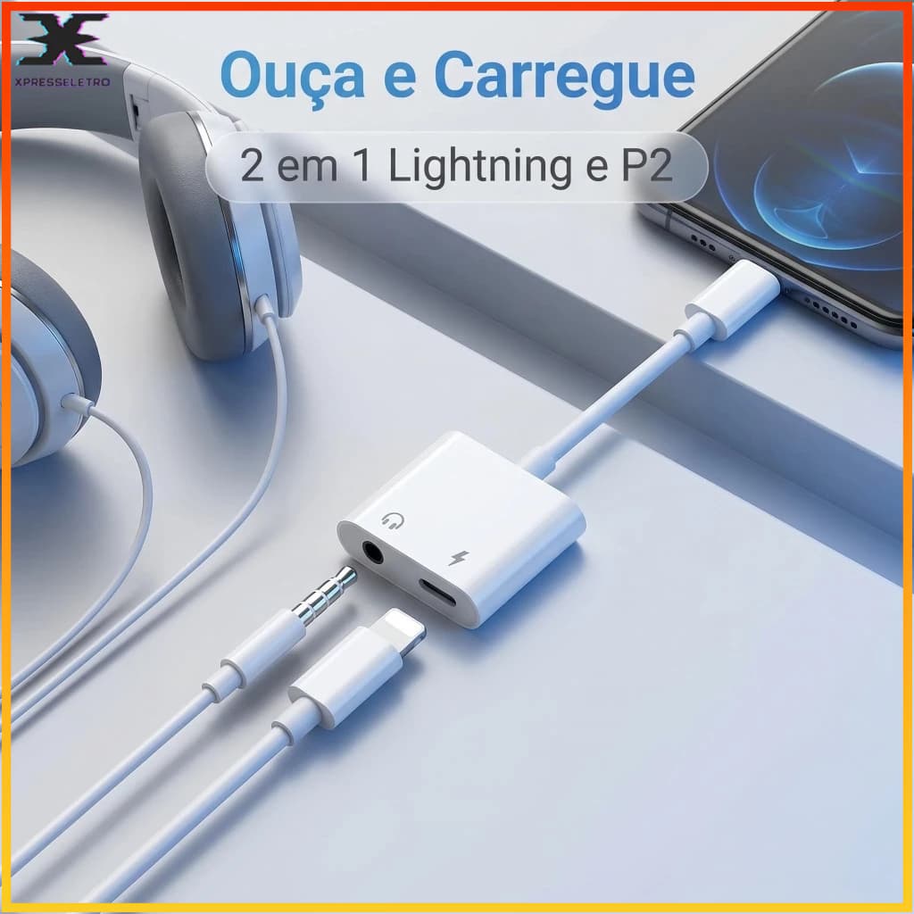 Adaptador 2 em 1 Lightning Áudio P2 3.5mm + Carregamento para iPhone 7 8 Plus X Xs Xr 11 12 13 14 Pro MAX