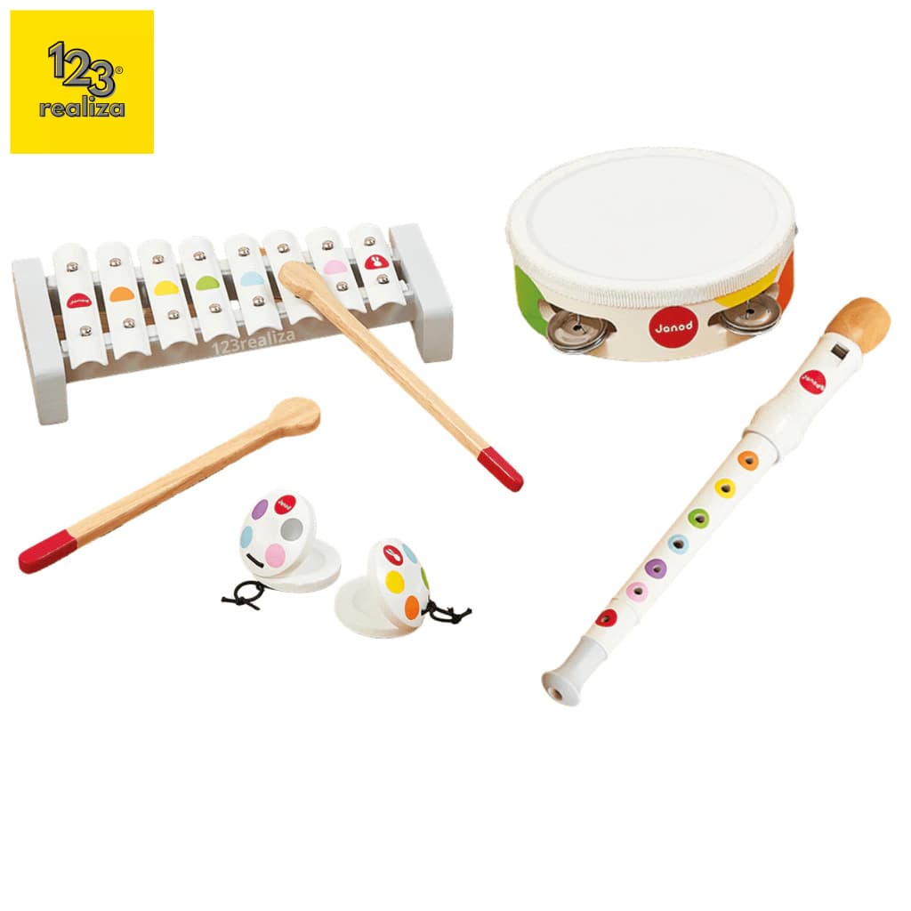 Kit Bandinha Musical Infantil De Madeira Janod Xilofone Flauta Pandeiro Educativo Original NF