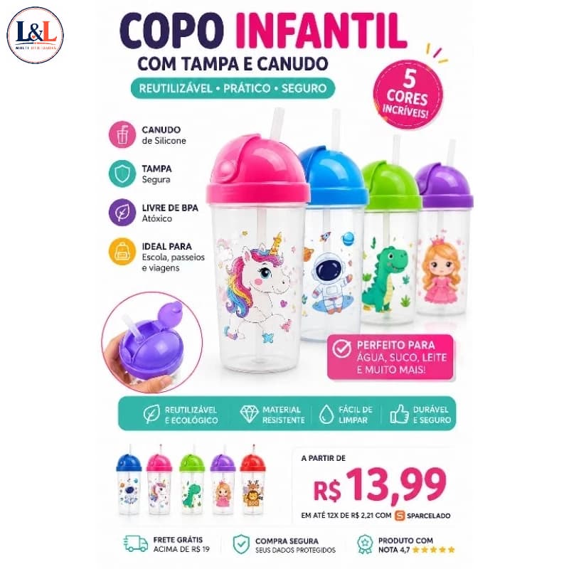 Copo Infantil com Tampa e Canudo Reutilizável | Garrafinha Escolar BPA Free | Água, Suco e Leite | 5 Cores