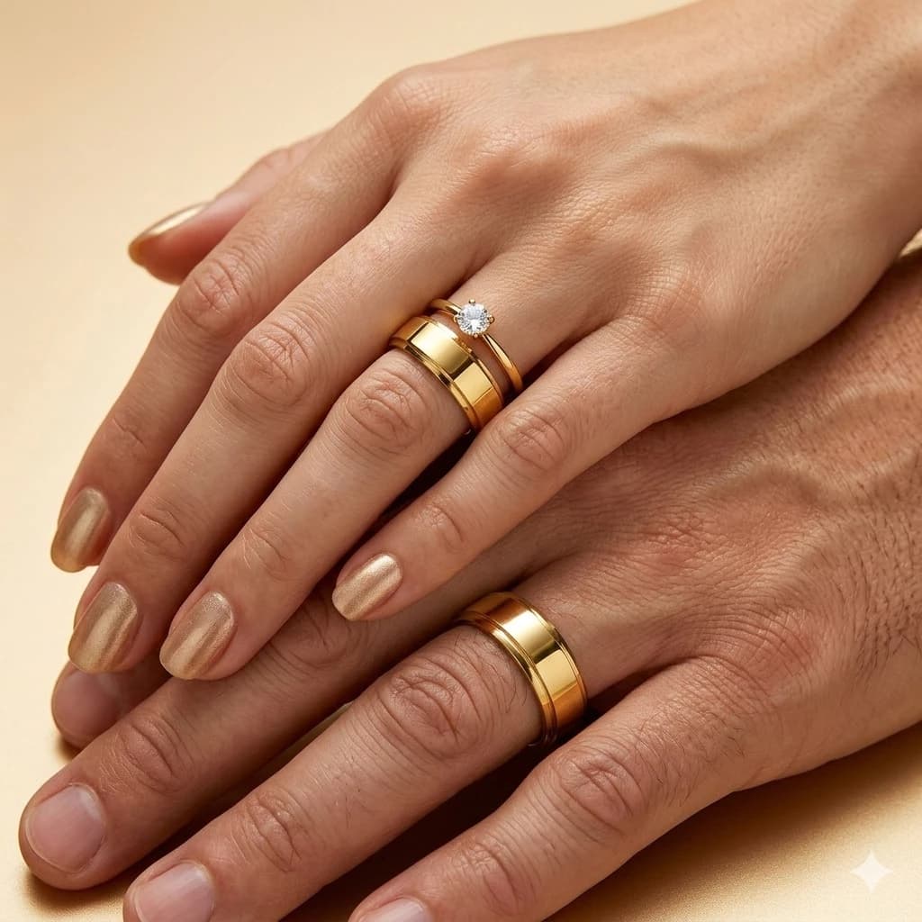 Par De Alianças Casamento Noivado Aço Inoxidável 316 Grossa 6mm + Anel Solitário Dourado