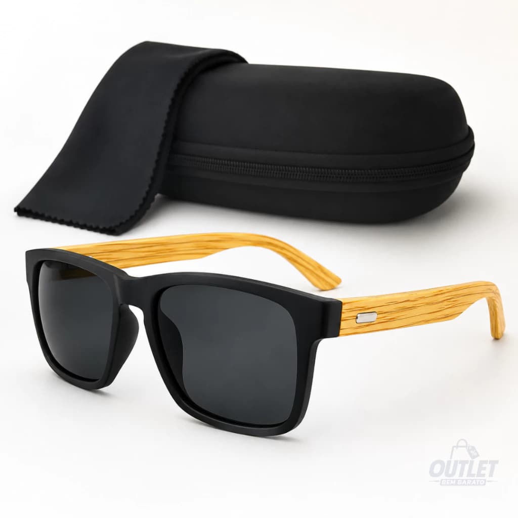 Kit Óculos de Sol de Madeira Hastes Bambu Premium Masculino Proteção UV400 Polarizado + Estojo Case