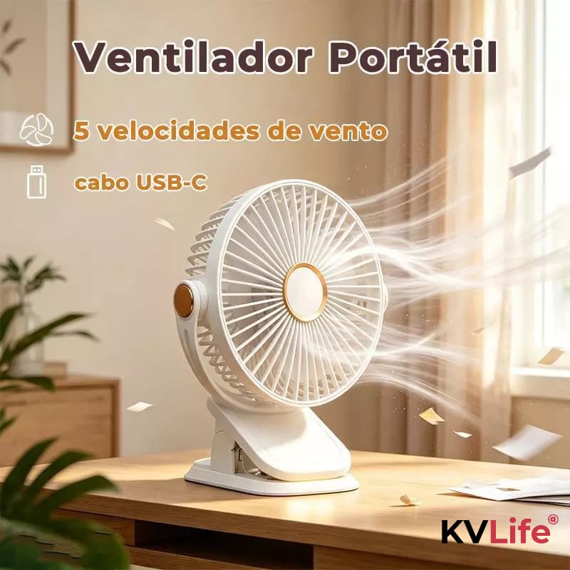 Ventilador de Mesa Portátil Recarregável 5 Velocidades com Luminária LED Mini Ventilador para Escritório Viagem
