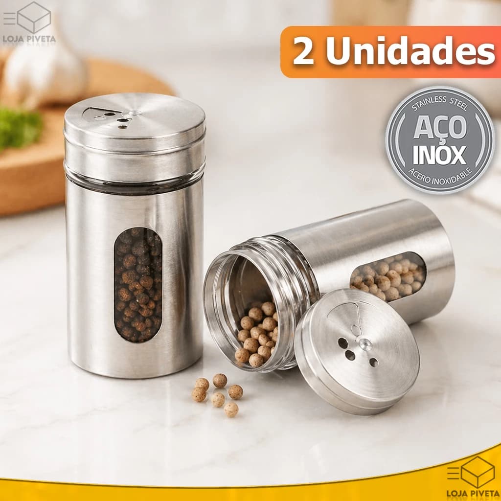 Kit 2 Saleiro Porta Condimentos 120ml Aço Inoxidável Com Visor de Vidro Temperos Cozinha Sal Pimenta