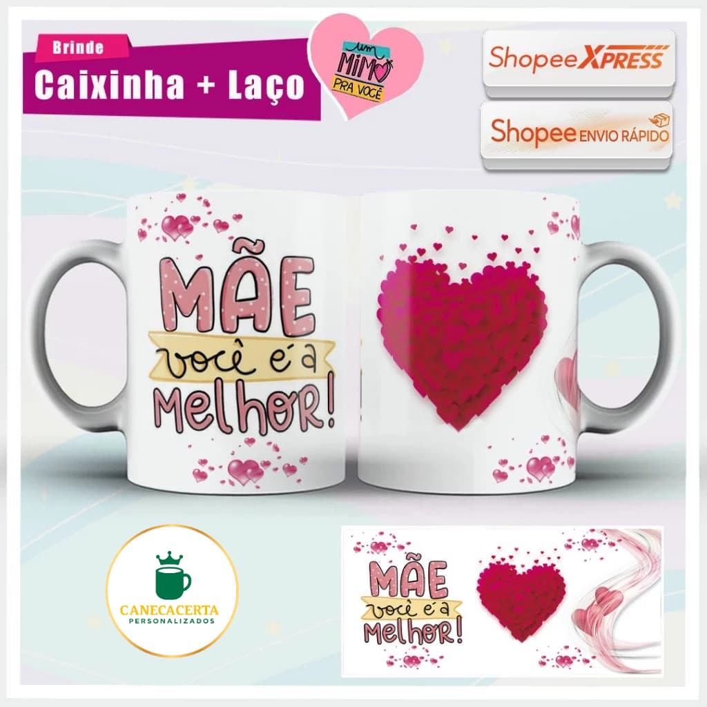 Caneca Coração 3D Mãe Você É A Melhor Presente Com Caixa E Laço Cerâmica 325ml