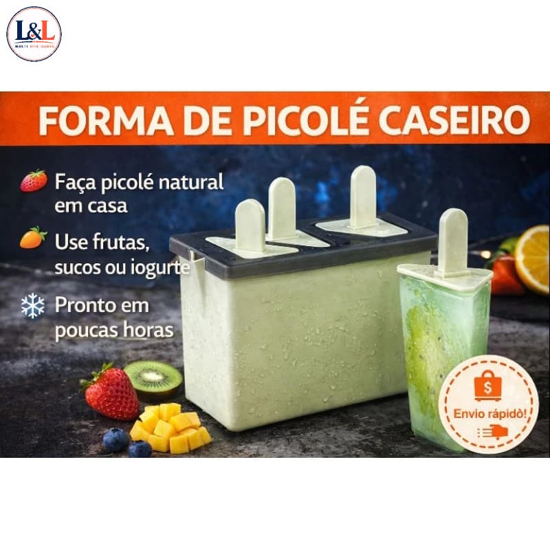 Molde para Picolé  com Reservatório 4 Cavidades | Forma de Sorvete Natural Reutilizável | Faça Picolé de Frutas em Casa