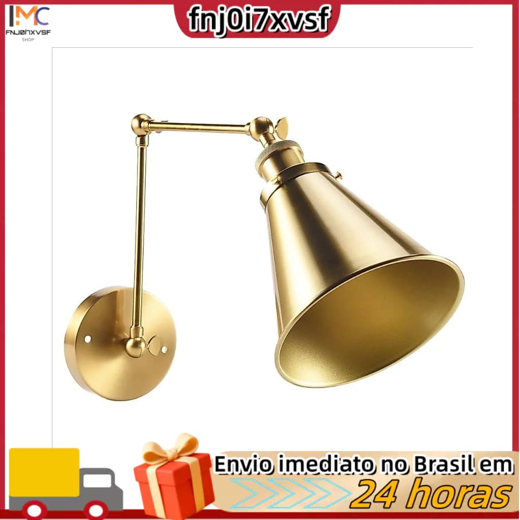 Arandela de parede industrial com cúpula cônica de latão e braço ajustável para ambientes internos,como casa,bar,armazém