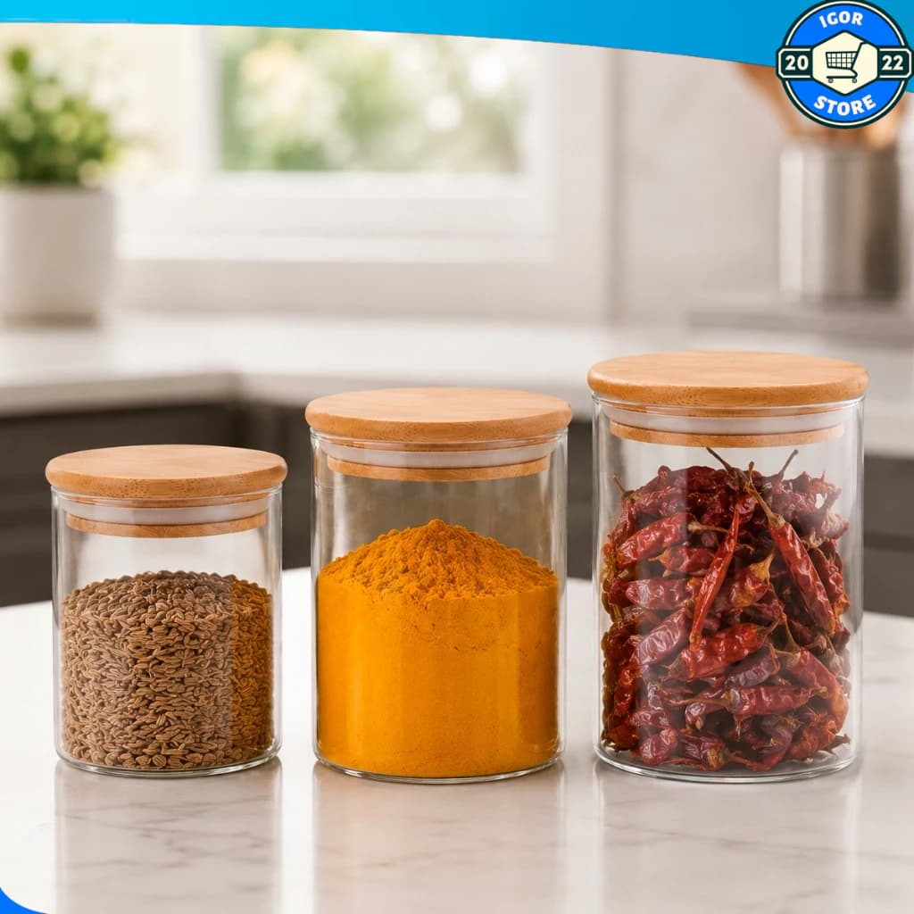 Kit 3 Potes de Vidro com Tampa de Bambu Hermético para Temperos Mantimentos Cozinha Vários Tamanhos