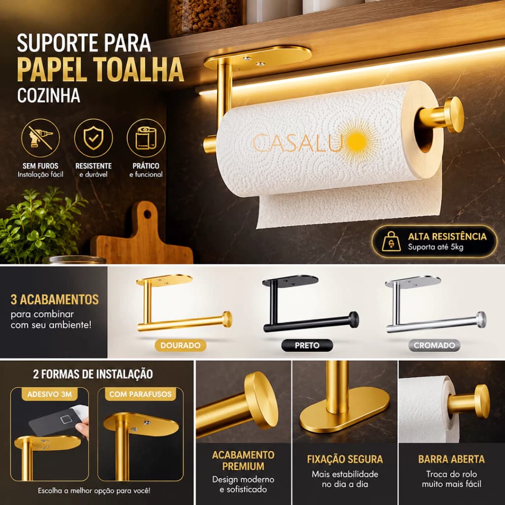 Suporte Organizador Para Cozinha Porta Papel Toalha Higiênico Filme Plástico Pano Elásticos Multiuso