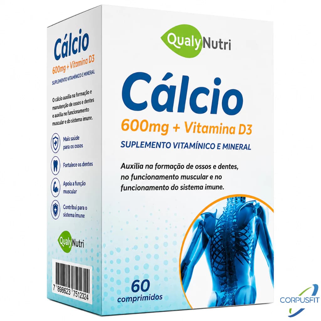 Cálcio 600mg Vitamina D3 60 Comprimidos Qualynutri Saúde Óssea e Dentária