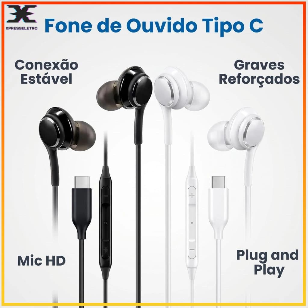 Fone de Ouvido Tipo C Intra Auricular com Microfone HD, Som Estéreo, Controle Multifuncional, Compatível Android