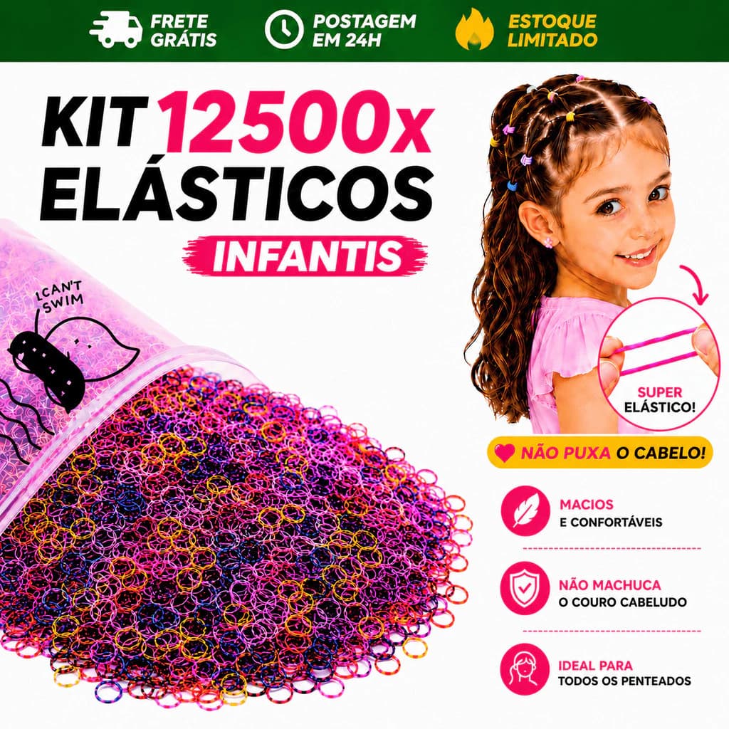 Kit 12500 Unidades Elástico de Cabelo Infantil Feminino Multicolorido com Bolsa Pronta Entrega