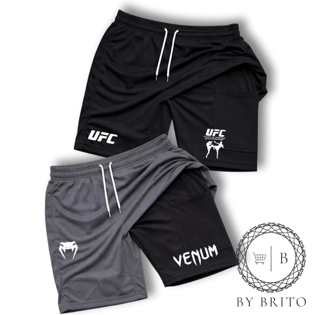Kit 2 Bermuda Shorts Compressão 2 em 1 U.F.C 02+VNM Ideal para Academia Ciclismo Bike Luta Casual