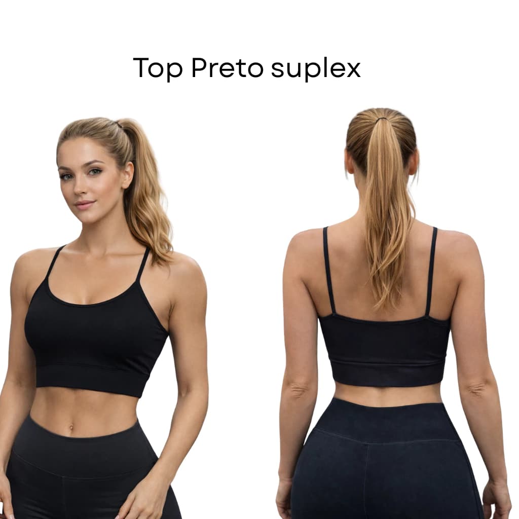 Top de Academia Preto Suplex Sem Transparência Bojo Removível Treino Fitness