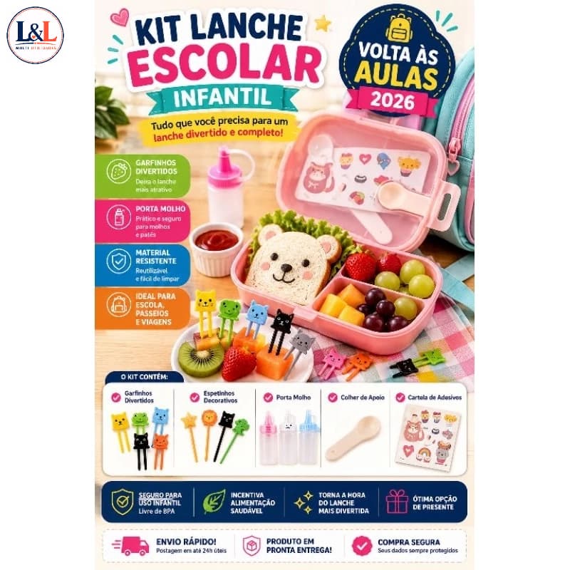 Kit Lanche Escolar Infantil Completo | Garfinhos Divertidos + Espetinhos + Porta Molho | Volta às Aulas