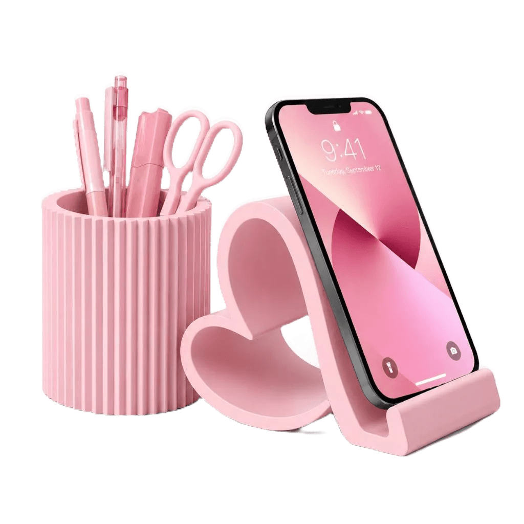 Kit Porta Caneta e Suporte para Celular Coração Organizador de Mesa Decorativo Home Office