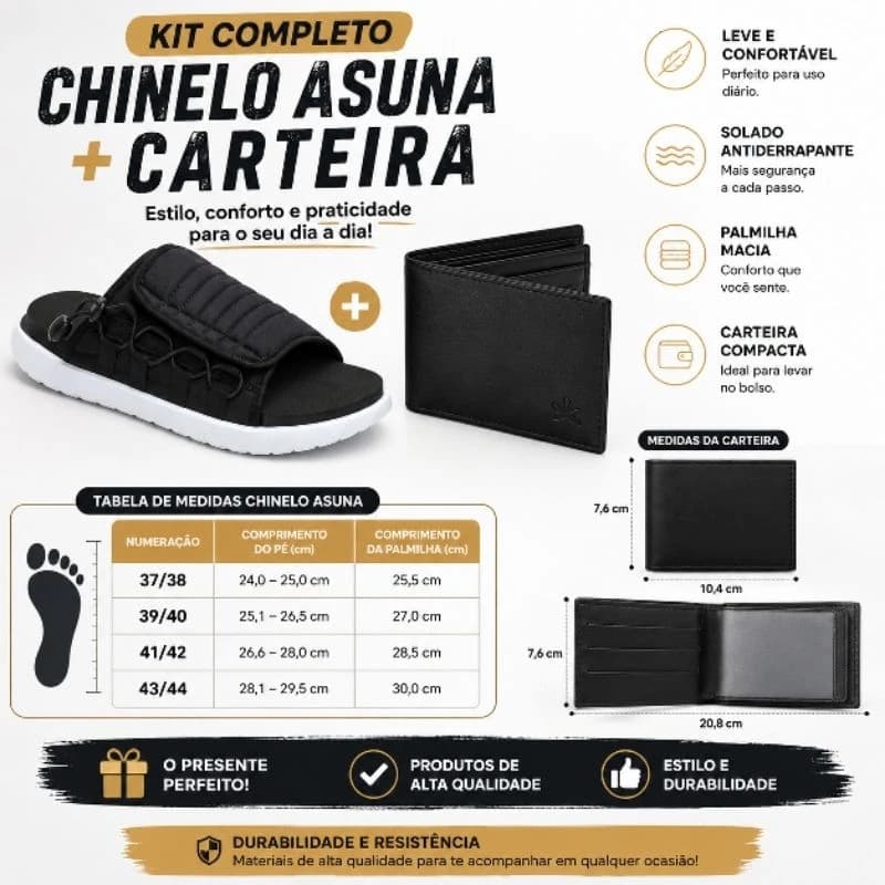 Kit Chinelo + Carteira Presente dia dos Pais Chinelo Masculino Confortável Leve Casual Carteira Minimalista Essencial