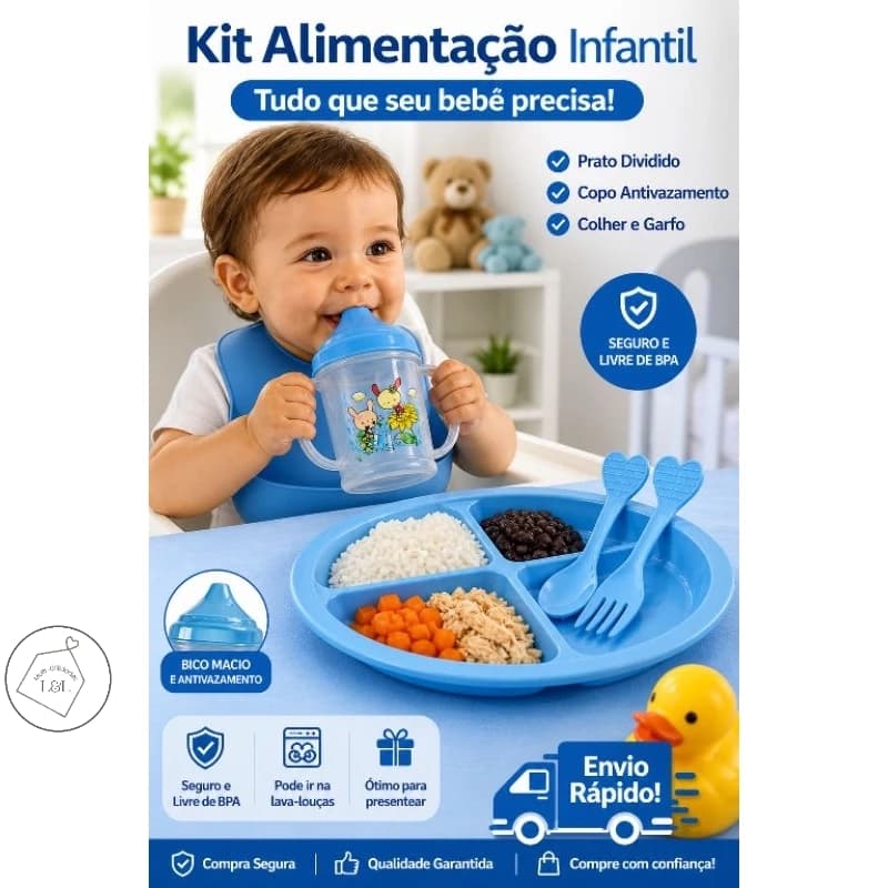 Prato Infantil Divertido + Kit Garfo e Colher 🥄