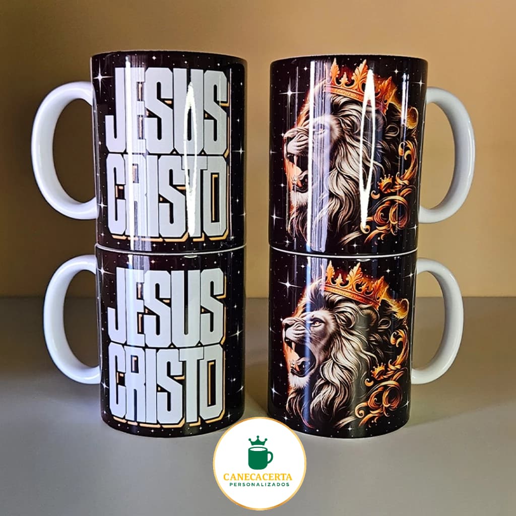 Kit 4 Canecas Grandes 325ml Religiosas Jesus Leão de Juda Cerâmica Premium