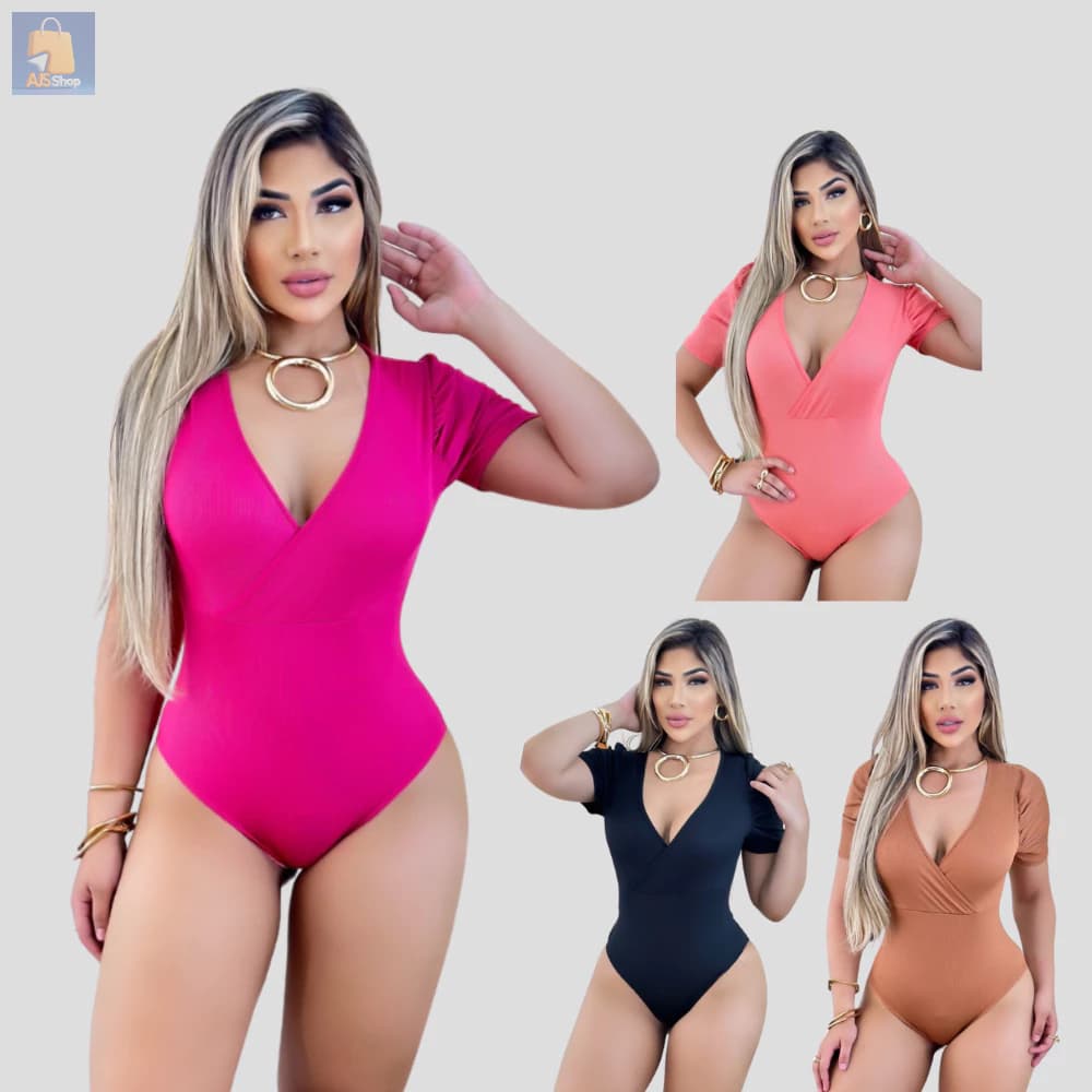 Body Ribana Feminino Decote Em V Manga Princesa Lisa Blusinha Básica Premium Blusa Casual Coladinho