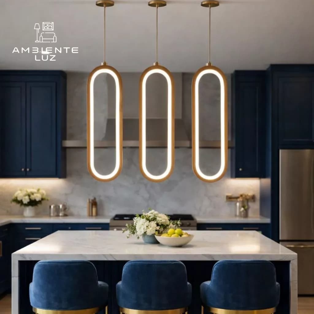 Luminária Pendente Led Oval Dourada  de Luxo Moderna 3 cores de Teto Bivolt
